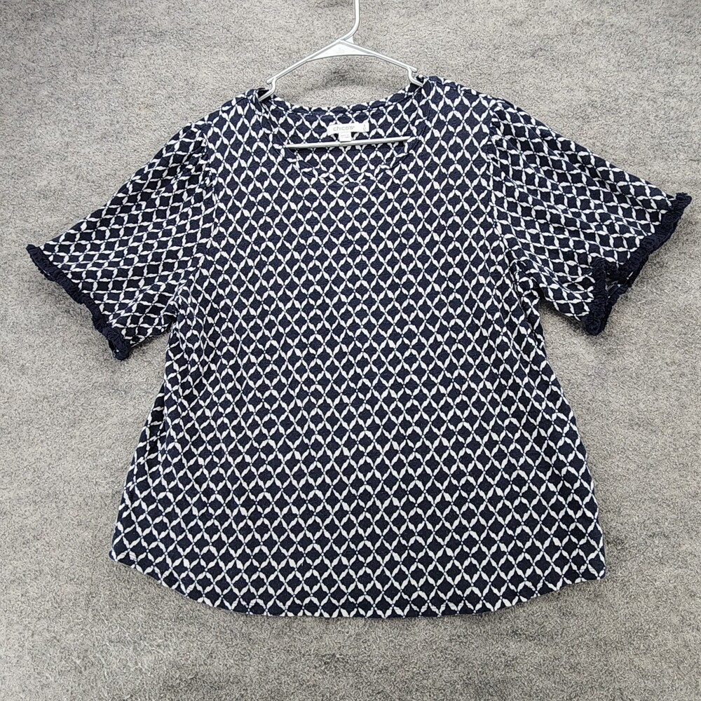 Chicos Shirt Womens 3 US XL Short Sleeve Blue White Linen